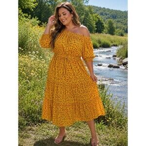Indulge in Style 1X Yellow Floral Boho Midi Dress Smocked Cottagecore Chic